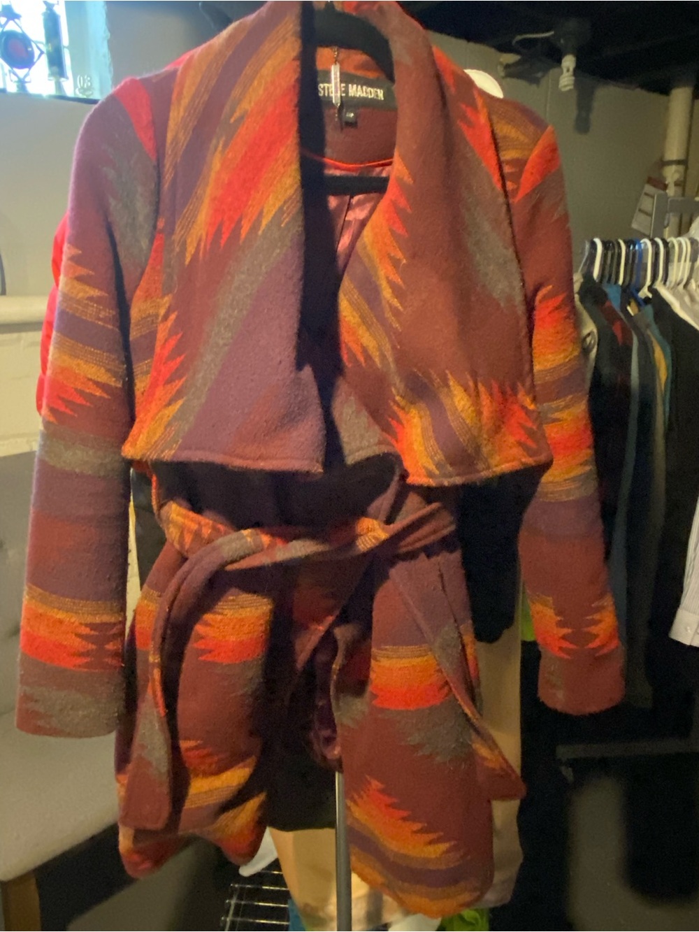Steve Madden Burgundy Multicolor Aztec Draped Belted Pea Coat